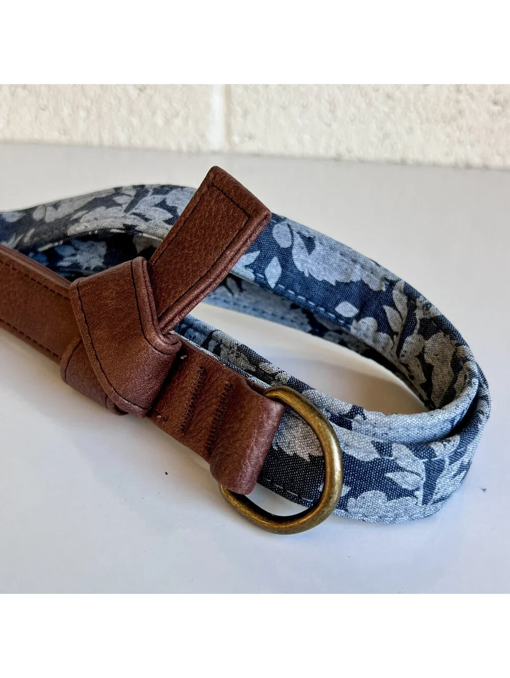 NEW Unisex Top Paw 4 Ft Leash Blue Floral Denim Linen Leather Handle Dog Puppy